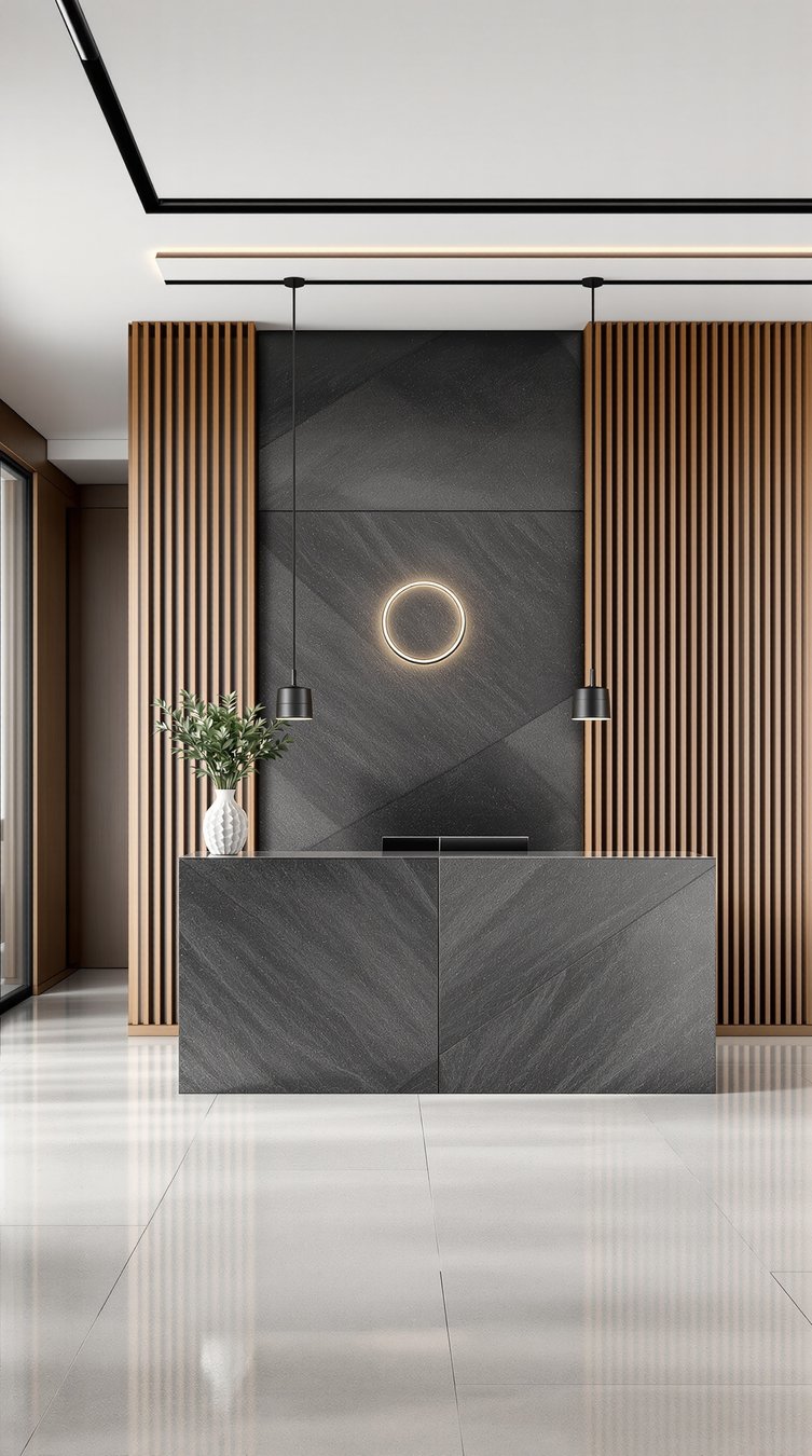 Commercial reception with a solid charcoal stone desk against a split-face stone wall, lit by a suspended ring pendant beside vertical teak slats