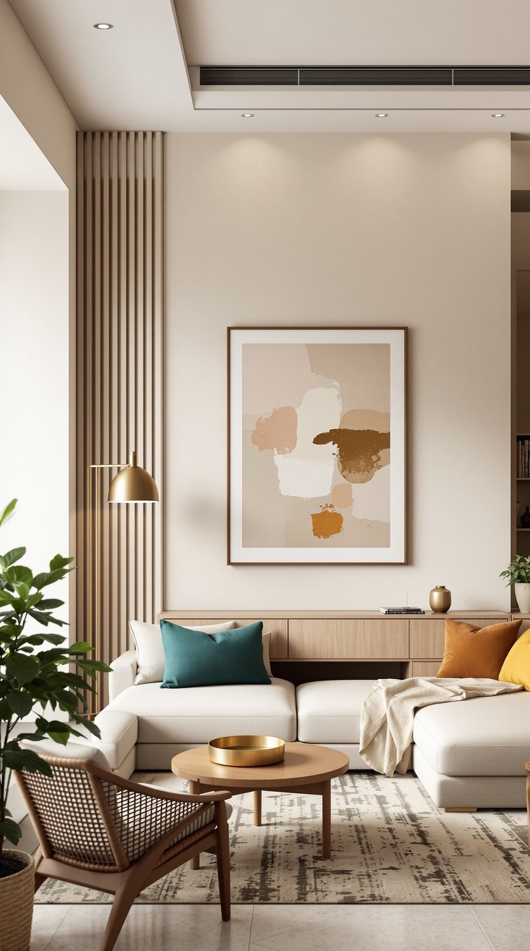Modern Indian living room in a Hyderabad flat with clean lines, teak, brass and one warm accent